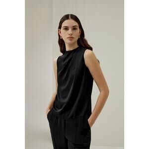 Lilysilk Top Womens XS Black Mulberry Silk Sleeveless Draped Pleat Zip Back NWT